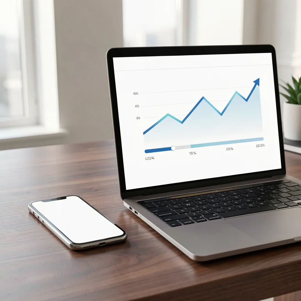 Smartphone e laptop em mesa de madeira mostrando painel abstrato com gráfico de tendência ascendente em três fases