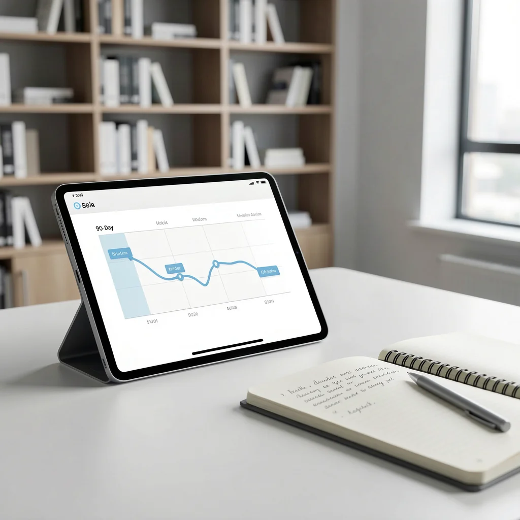 Tablet exibindo um roadmap abstrato de 90 dias ao lado de um caderno e caneta em um ambiente corporativo moderno