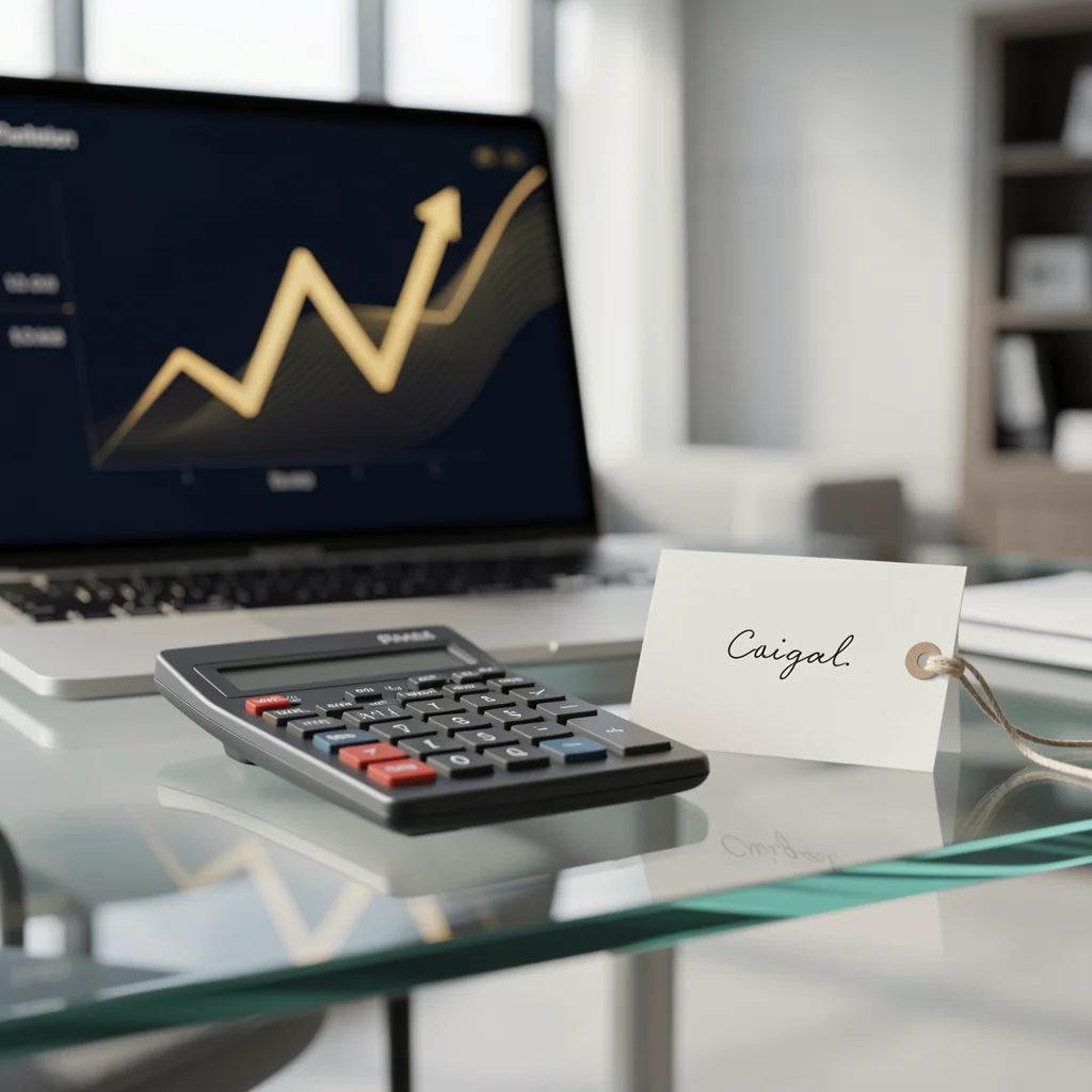 Calculadora e laptop com gráfico de tendência ascendente em uma mesa de vidro, representando precificação de mentoria