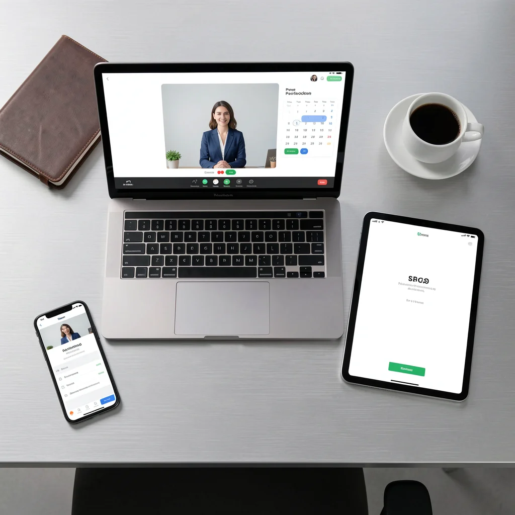 Composição com laptop, smartphone e tablet exibindo interfaces abstratas de videoconferência, calendário e pagamento