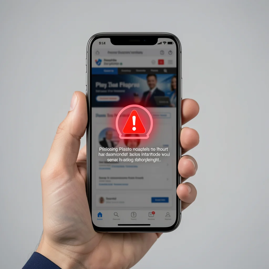 Smartphone com alerta de phishing em vermelho sobre fundo de site falso de criptomoedas