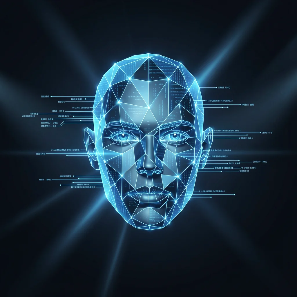 Rosto digital fragmentado em polígonos azuis representando deepfake