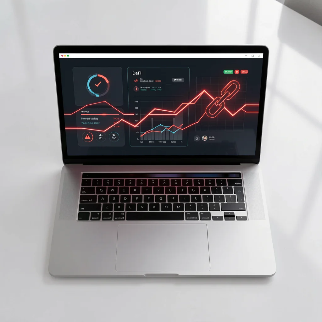 Laptop com dashboard DeFi abstrato e ícone de corrente quebrada em vermelho