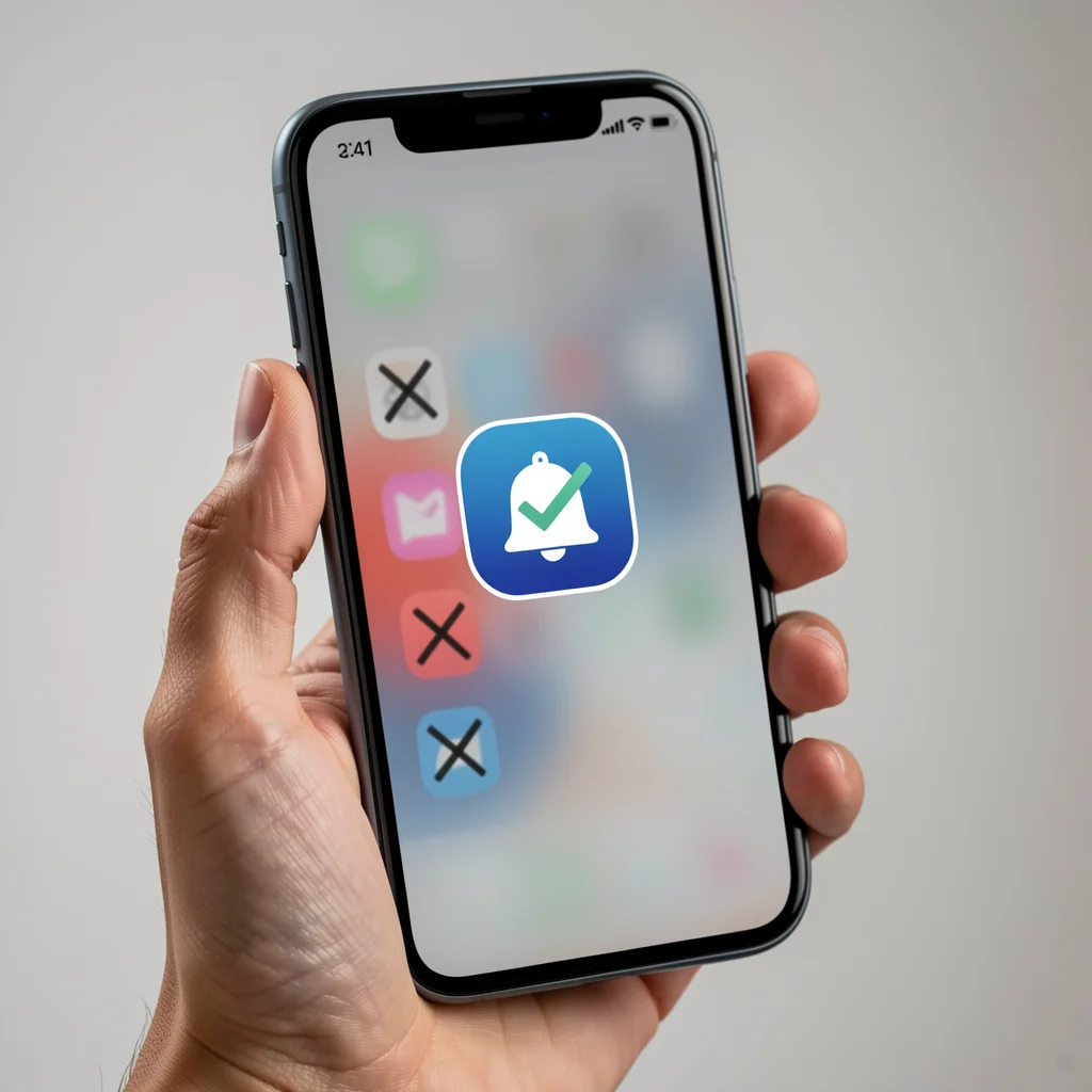 Mão segurando smartphone com tela de bloqueio exibindo apenas um ícone de notificação importante, outros ícones estão apagados