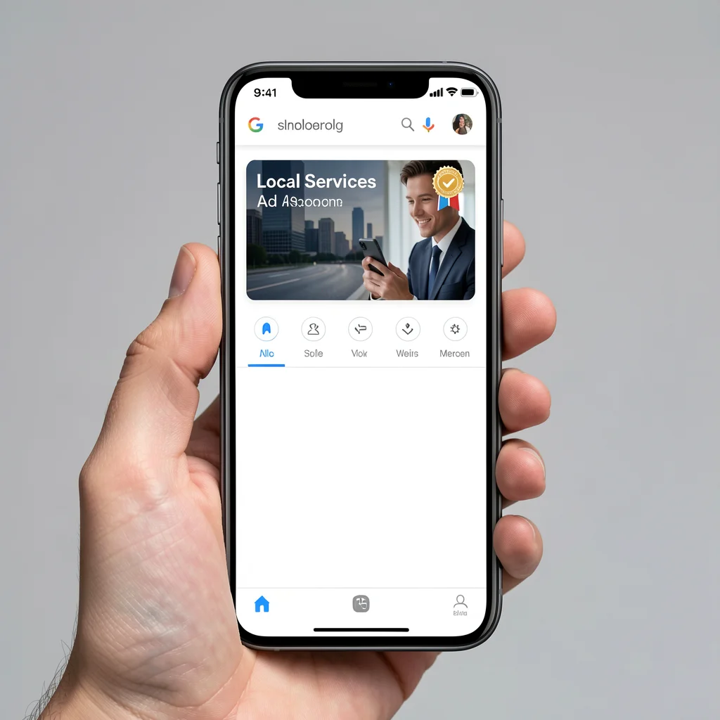 Mão segurando smartphone com resultado de busca do Google destacando anúncio de serviços locais com selo de verificação.