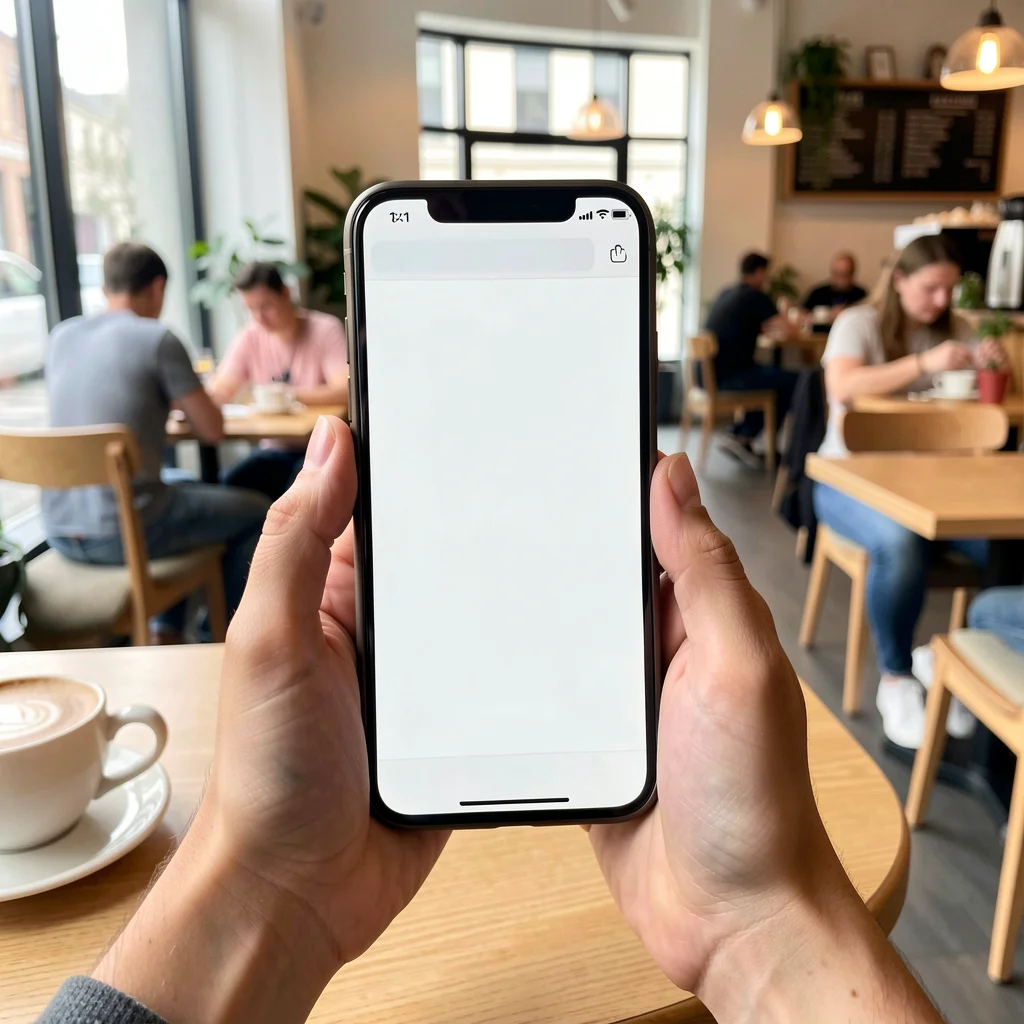 Mãos segurando um smartphone realizando assinatura digital em ambiente iluminado.