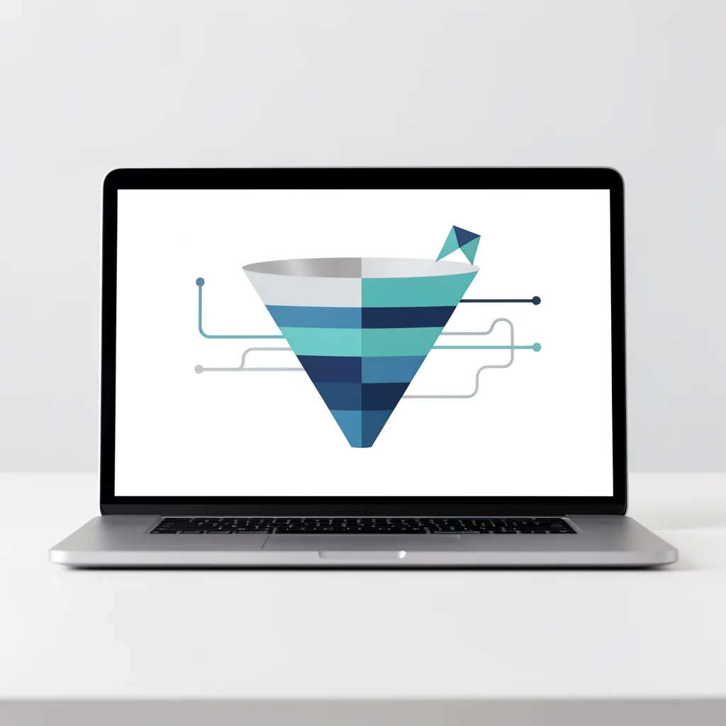Mockup de tela de laptop exibindo funil de vendas automatizado com formas geométricas abstratas