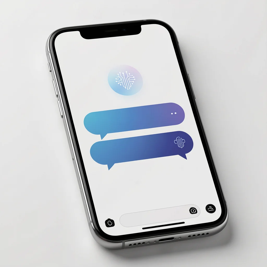 Smartphone premium exibindo interface de chat minimalista com bolhas de mensagem abstratas