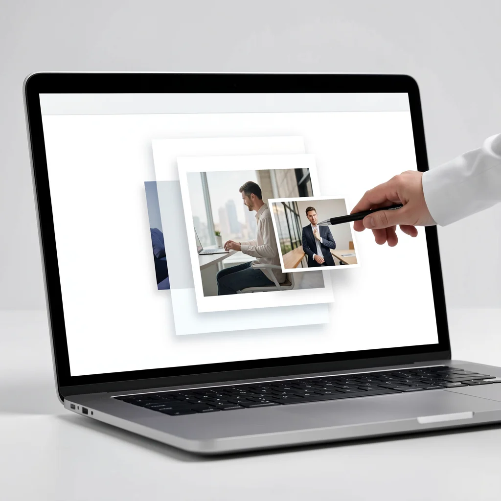 Interface do Photoshop Online com camadas de imagens sendo arrastadas para criar colagem, em estilo editorial corporativo.