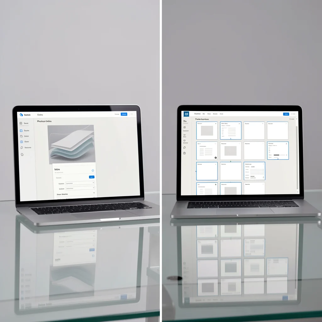Comparação visual entre as interfaces do Photoshop Online e Adobe Express para criação de colagens.