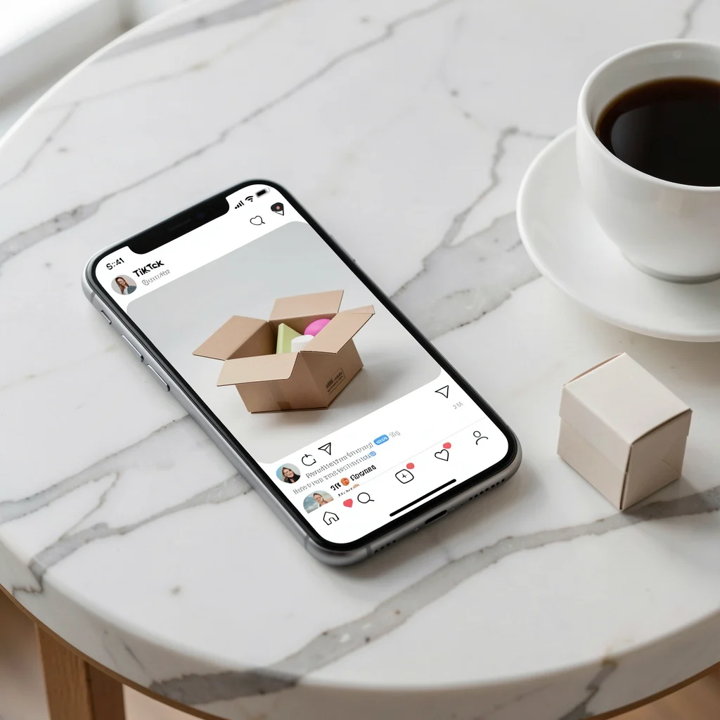 Smartphone moderno sobre superfície de mármore exibindo mockup de vídeo de unboxing no TikTok, com caixa de produto ao lado.