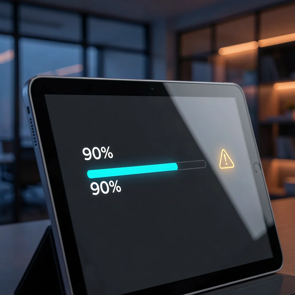 Tablet com dashboard minimalista exibindo barra de progresso em 90% e ícone de alerta, em ambiente de escritório escuro com iluminação azul e laranja.