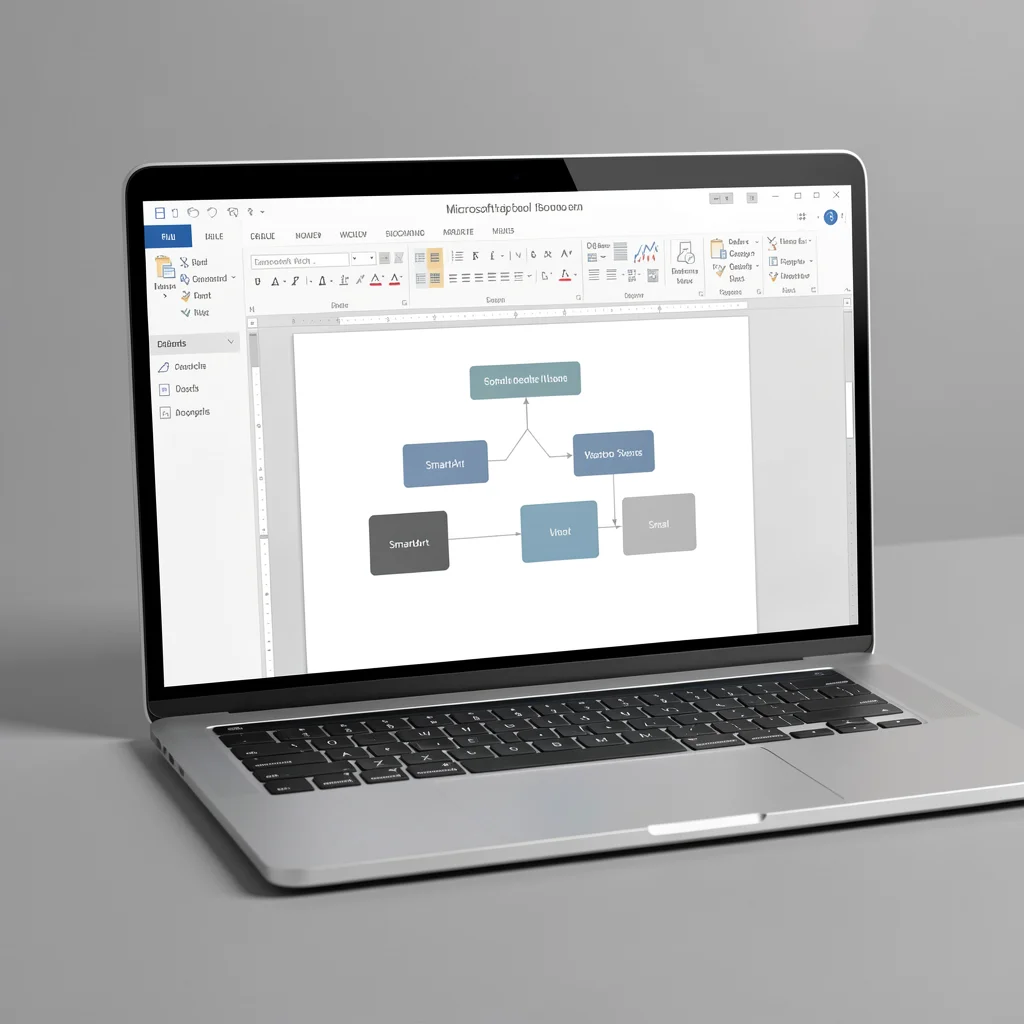 Captura de tela de laptop mostrando um fluxograma criado com SmartArt no Microsoft Word, com formas geométricas limpas e cores suaves.