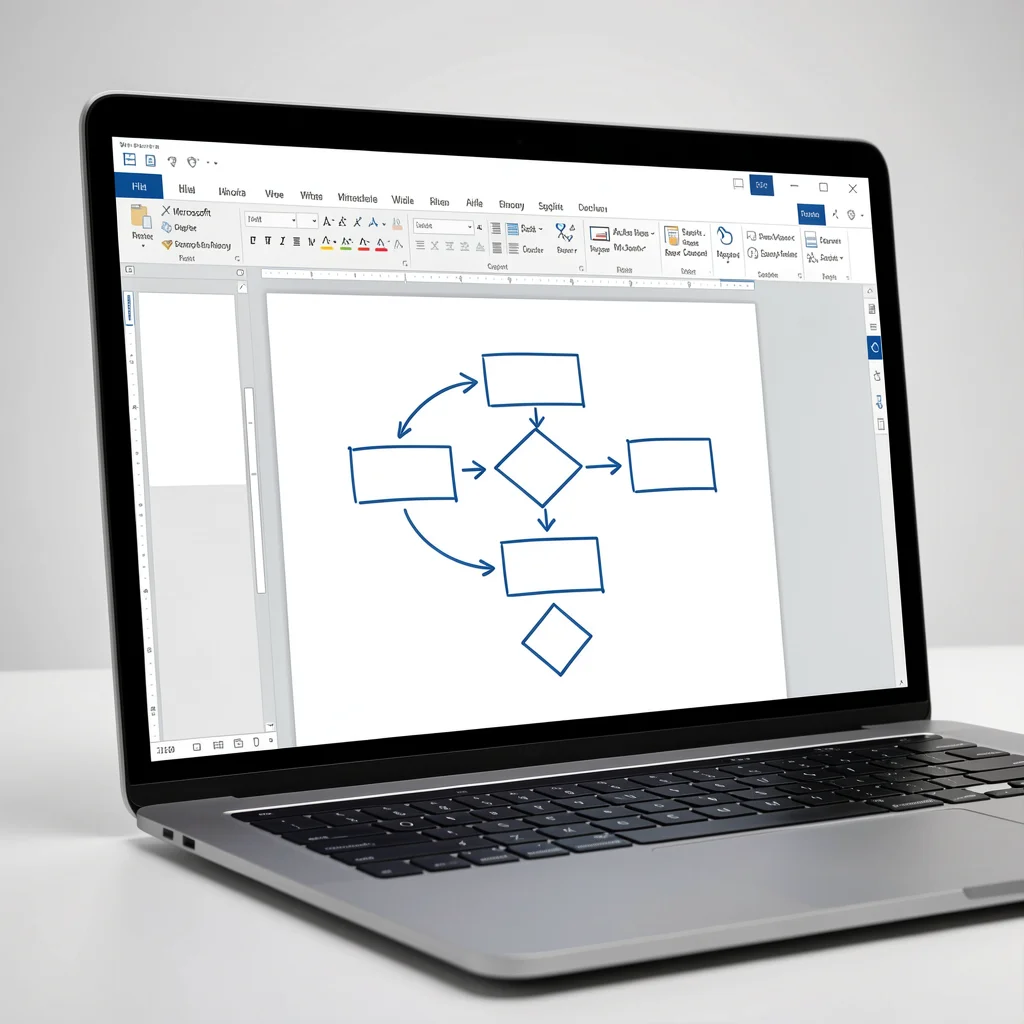 Captura de tela de laptop exibindo um fluxograma desenhado manualmente com formas no Microsoft Word, com retângulos, losangos e setas alinhados.