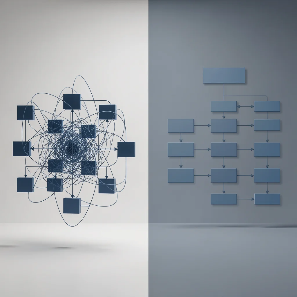 Comparação visual entre um fluxograma desorganizado e um organizado, destacando alinhamento e clareza.