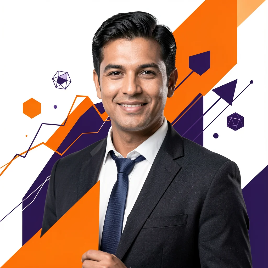 Profissional corporativo em um ambiente moderno com elementos gráficos abstratos em laranja e roxo.