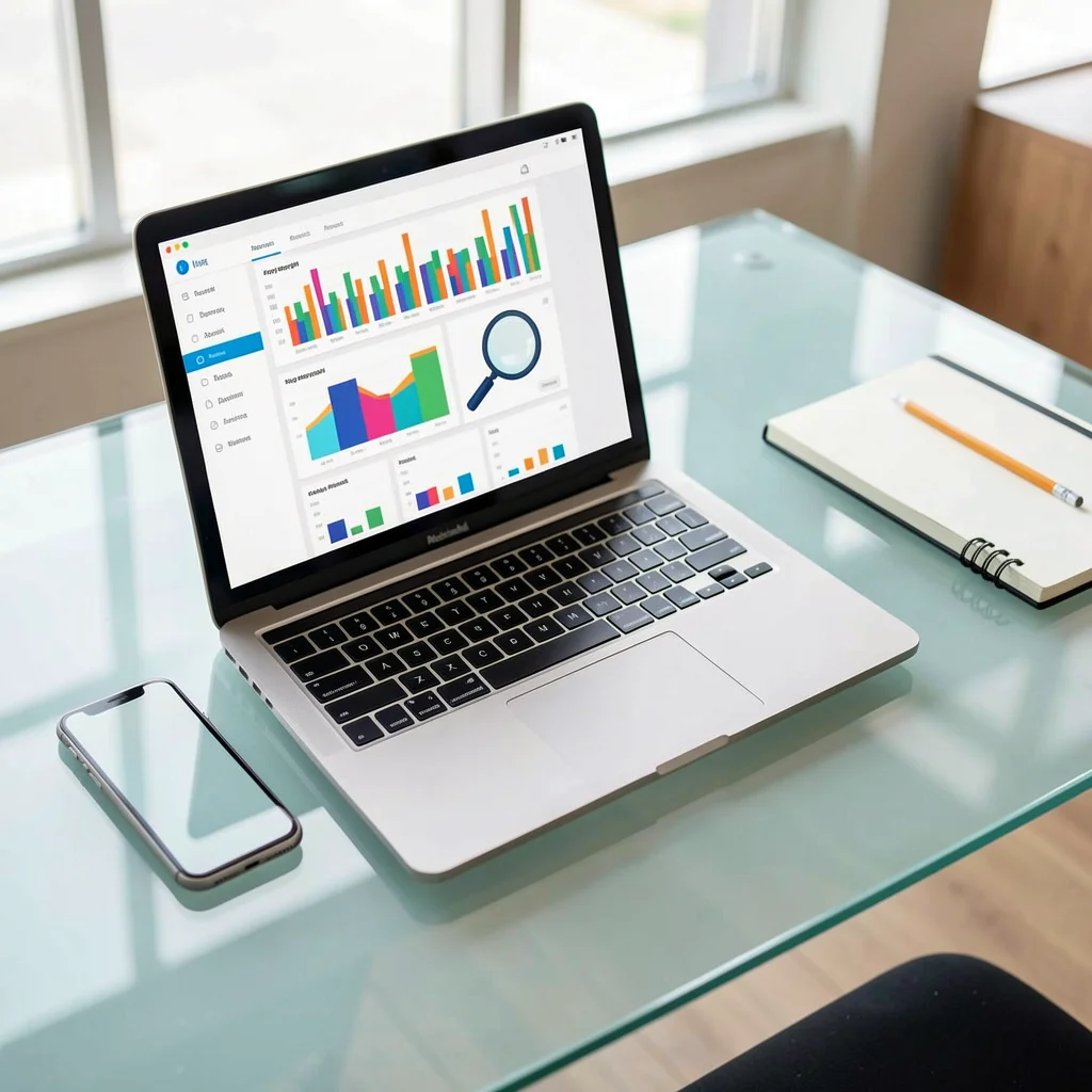 Mesa com laptop, smartphone e bloco de notas representando o método de pesquisa de palavras-chave em 5 etapas