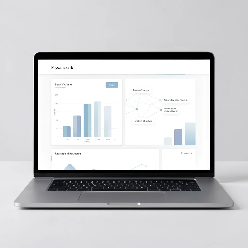 Tela de laptop com interface abstrata de pesquisa de palavras-chave, mostrando gráficos de barras e nós conectados, em estilo editorial corporativo.