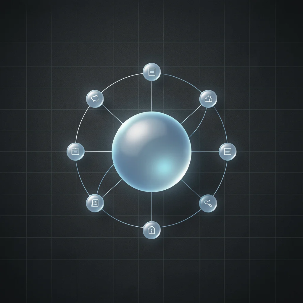 Visualização abstrata de cluster de conteúdo com esfera central e nós orbitando, representando artigos pilar e satélites.