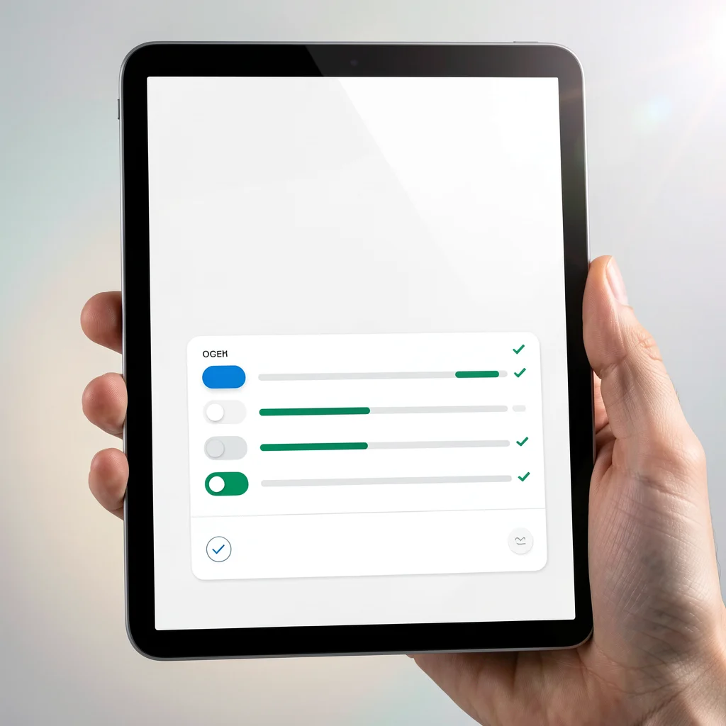 Tablet com interface abstrata de plugin de SEO, exibindo botões e barras de progresso, em estilo editorial corporativo.