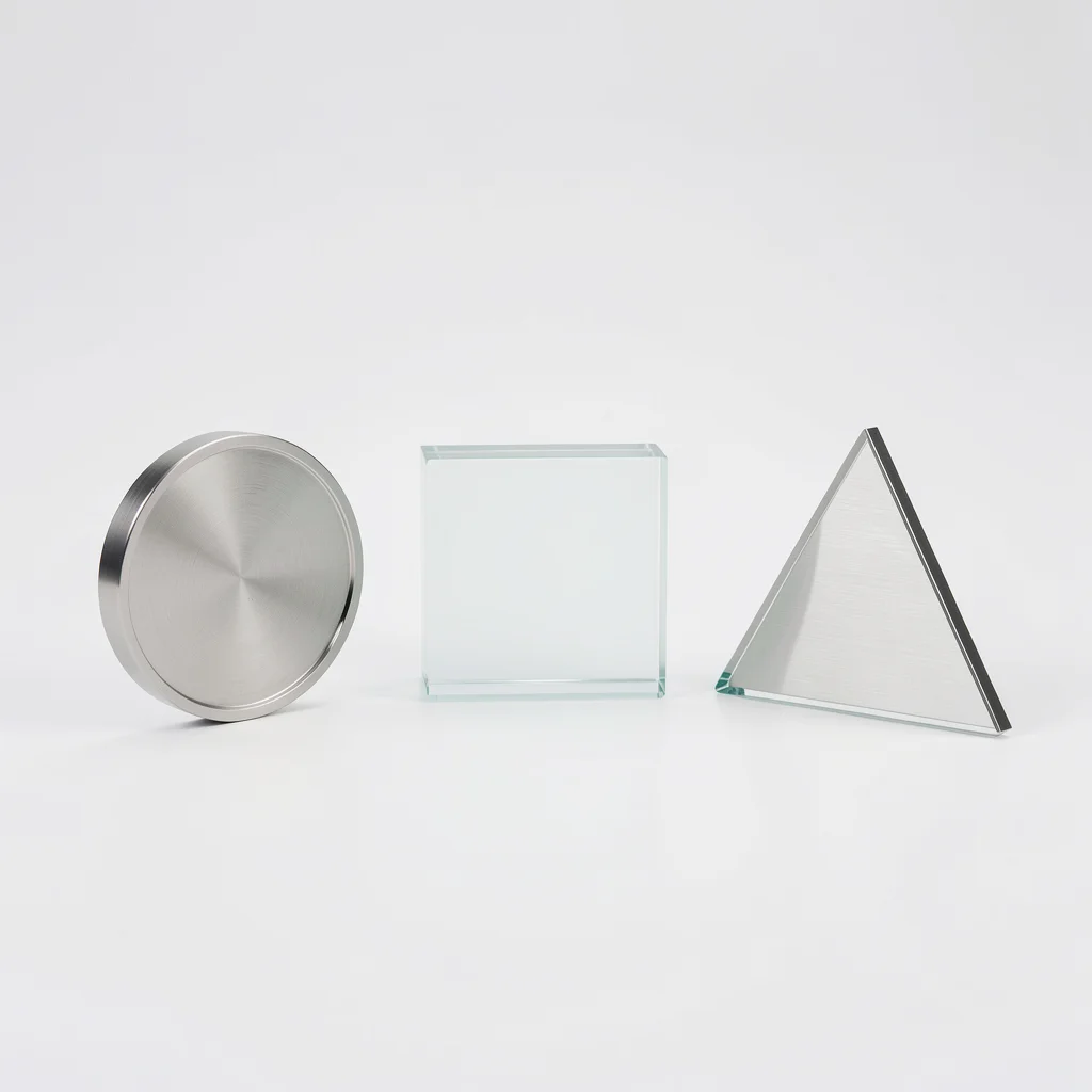 Três formas geométricas abstratas em alumínio escovado e vidro fosco sobre superfície branca, representando decisões de design para criação de logotipo.