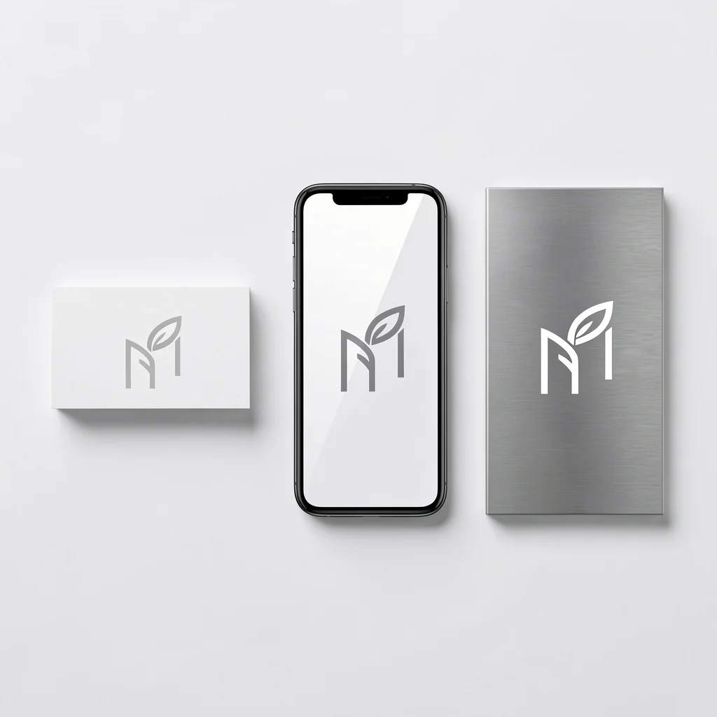 Mockup de cartão de visita, tela de smartphone e placa de fachada exibindo o mesmo logotipo abstrato em diferentes tamanhos e contextos.