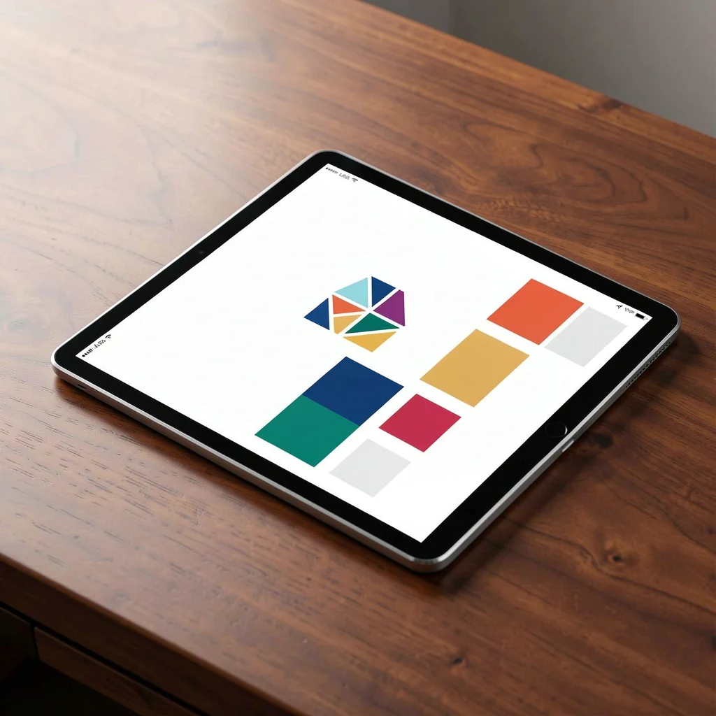 Tablet elegante sobre mesa de madeira exibindo interface de design de logotipo com formas geométricas abstratas e paletas de cores.
