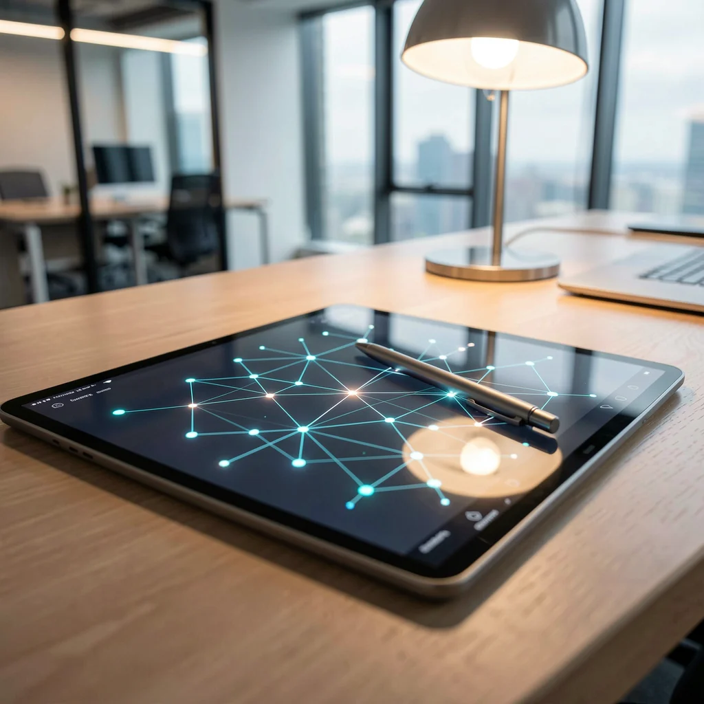 Tablet de alta tecnologia exibindo um mapa mental complexo com conexões de luz em uma mesa de escritório moderna.