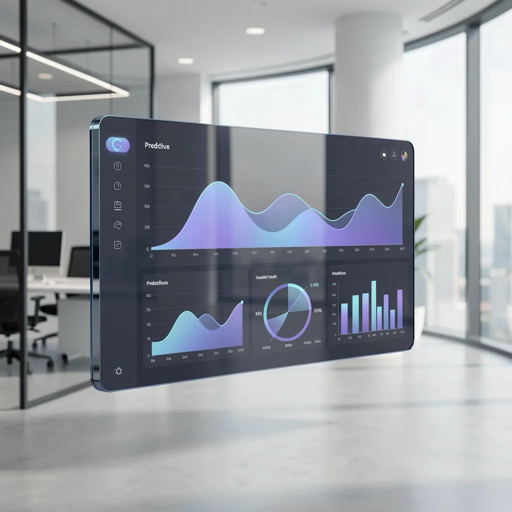 Interface de dashboard moderno exibindo padrões de dados preditivos e inteligência artificial.