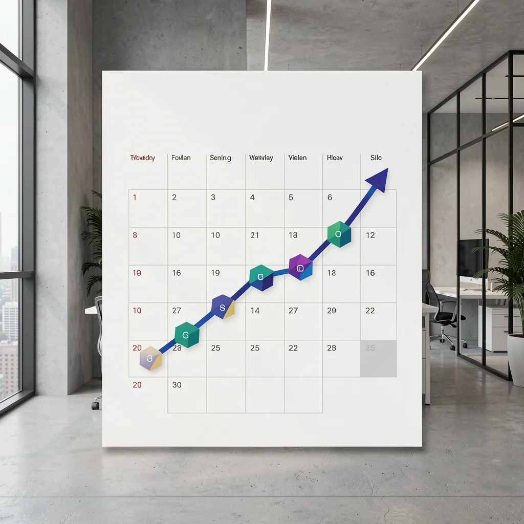 Calendário editorial de 30 dias com gráfico de crescimento de seguidores