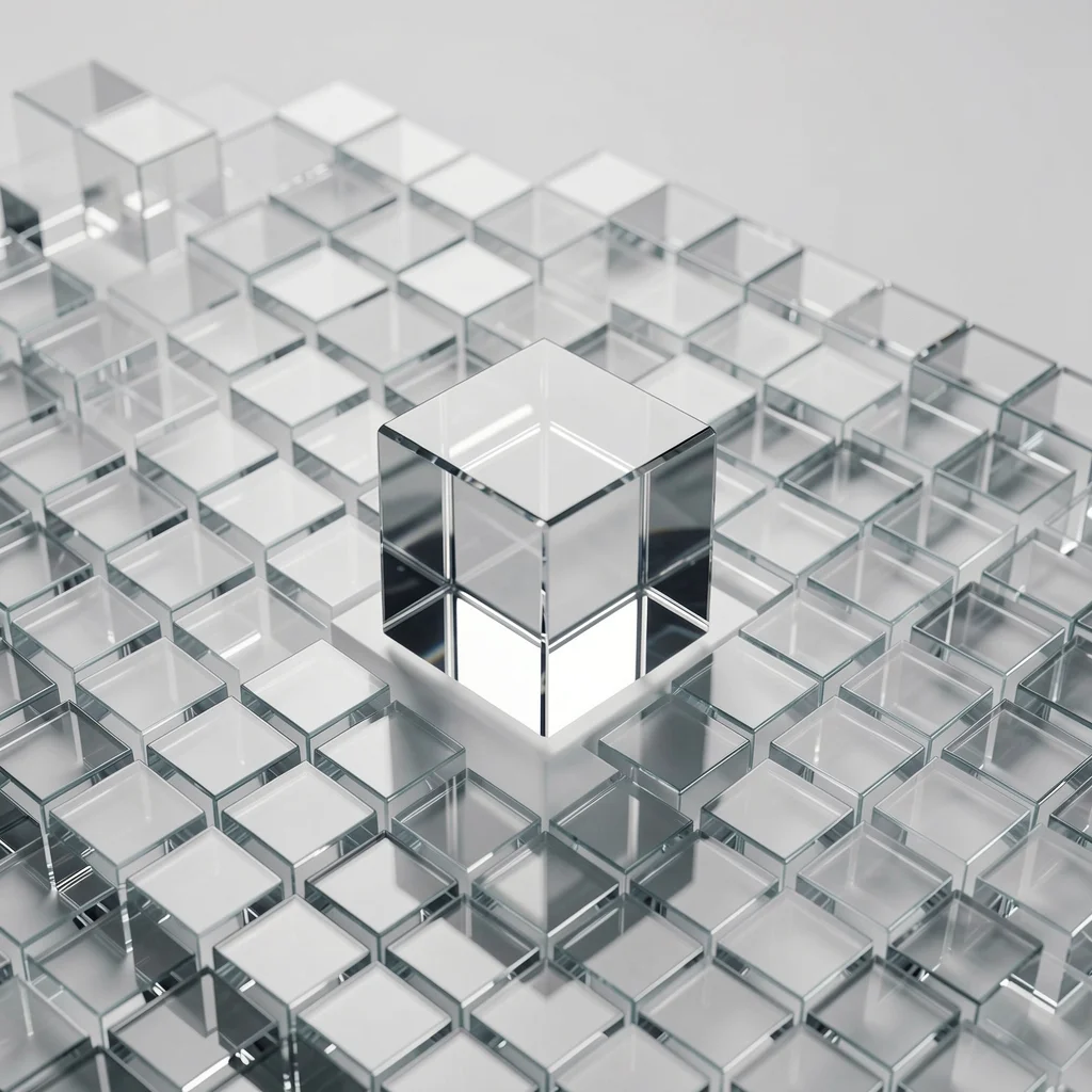 Grade de cubos de vidro pequenos com um cubo maior ao centro