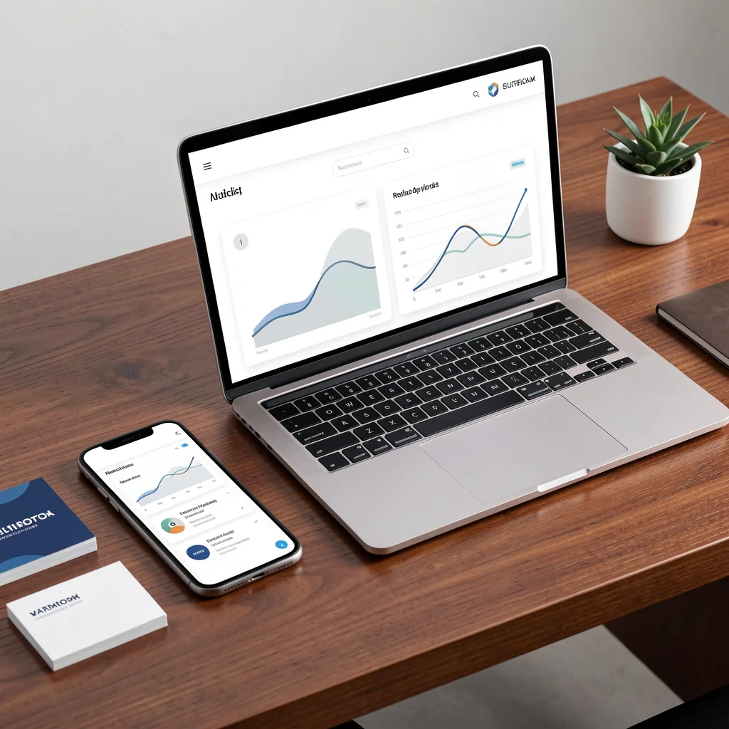 Mockup de tela de smartphone e laptop com gráficos abstratos em ambiente corporativo elegante