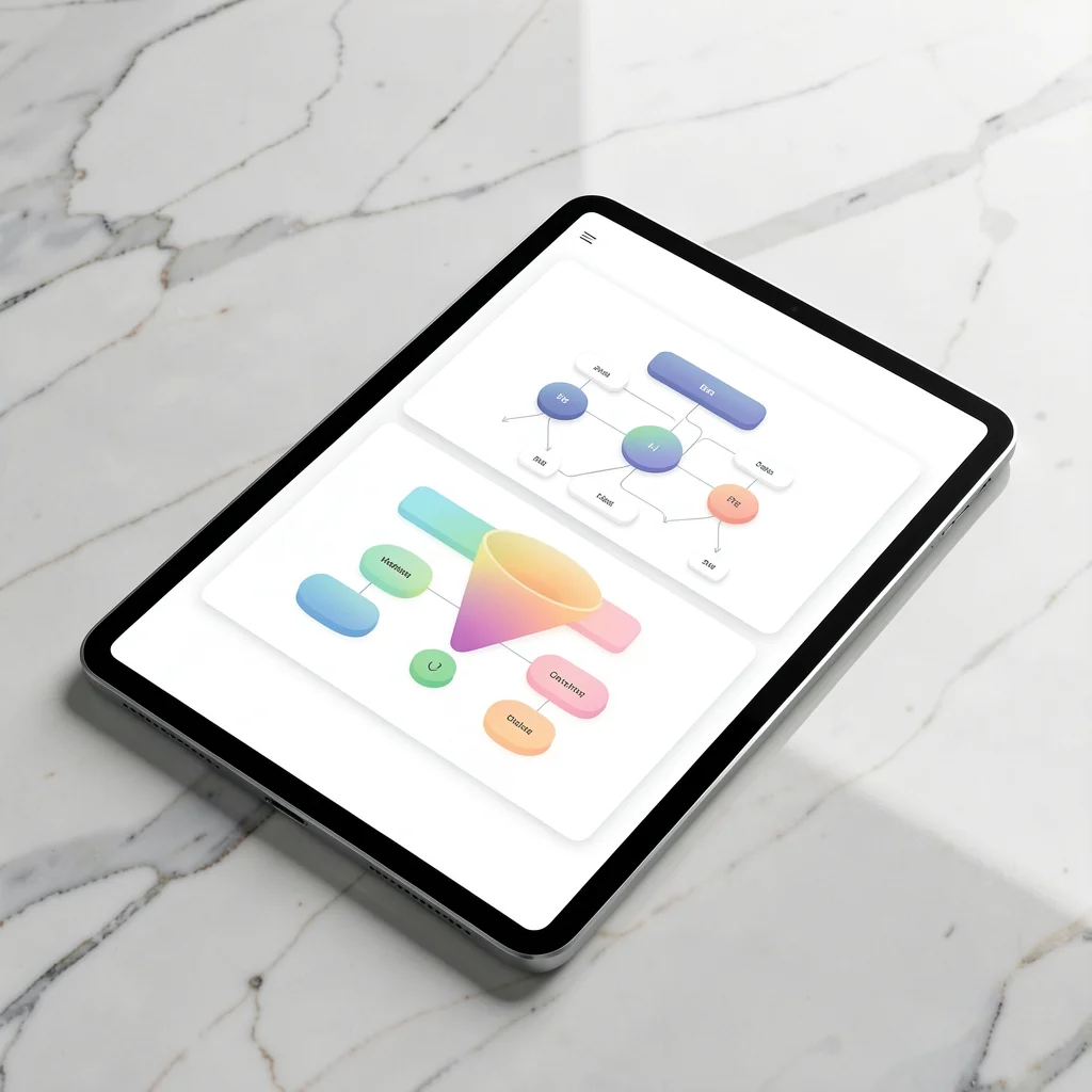 Dashboard abstrato em tablet representando funil de nutrição de leads
