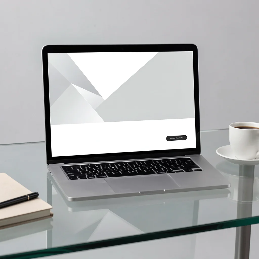 Mockup de landing page minimalista em laptop com elementos abstratos