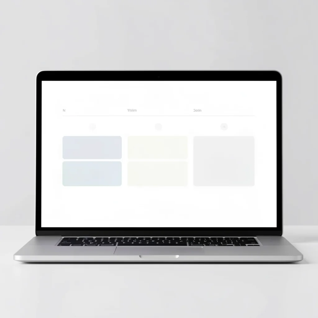 Dashboard minimalista em laptop com blocos geométricos representando pauta de reunião stand-up