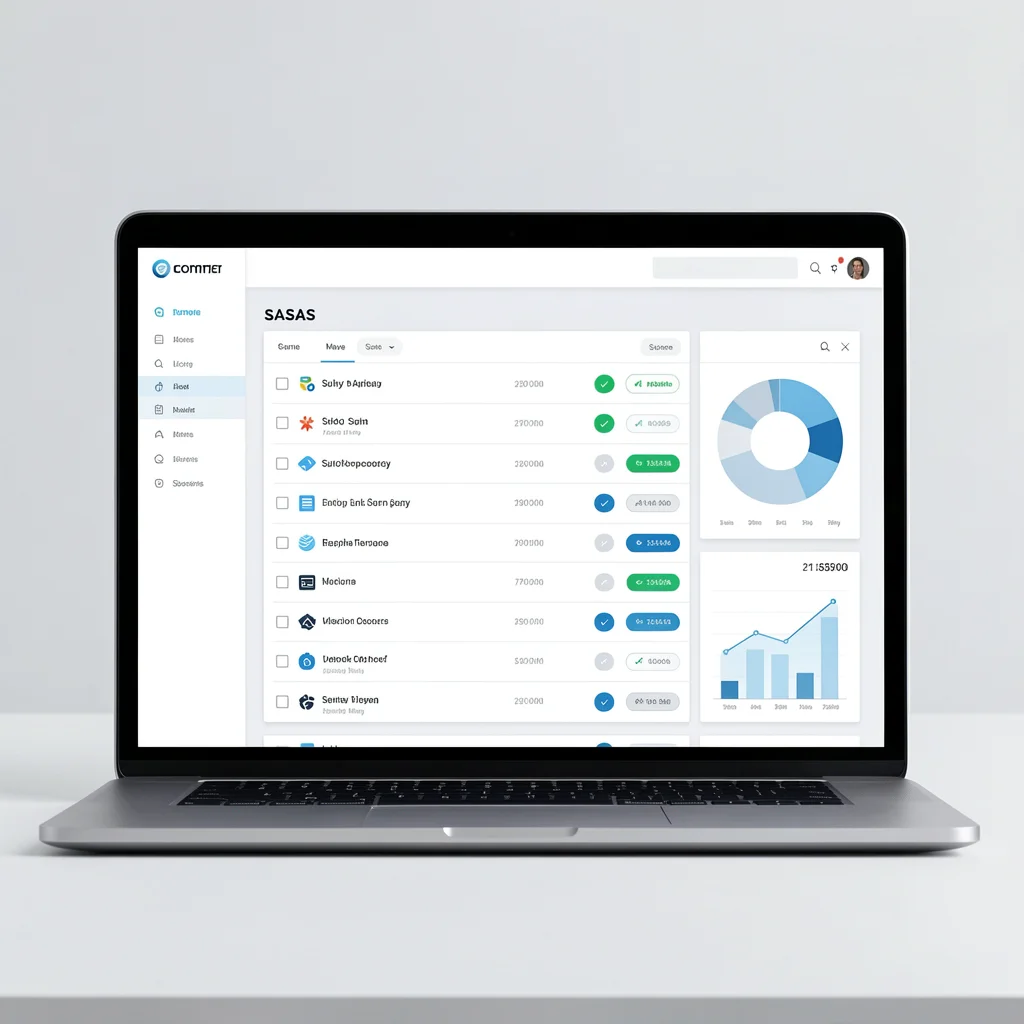 Interface de software minimalista em laptop exibindo lista de assinaturas SaaS com indicadores visuais abstratos