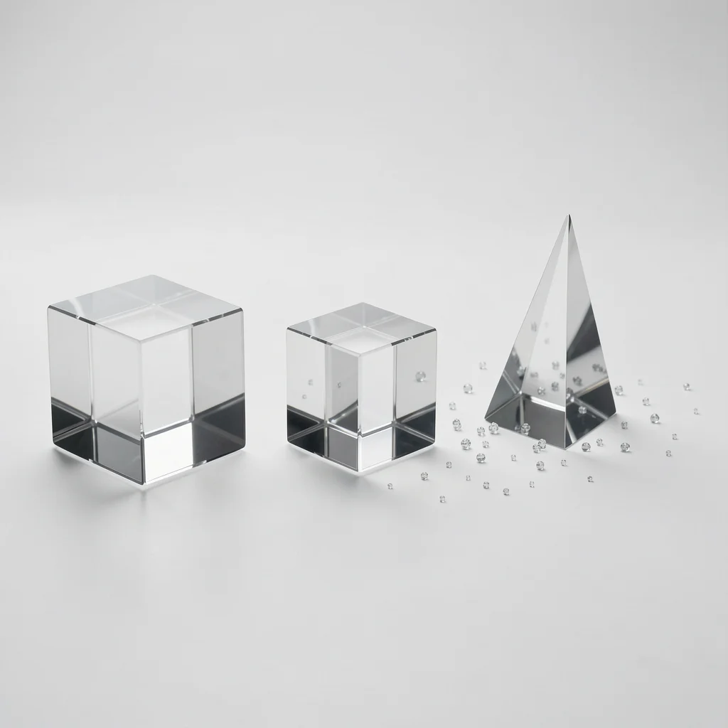 Visualização abstrata com formas geométricas de vidro representando categorias de assinaturas essenciais, opcionais e supérfluas