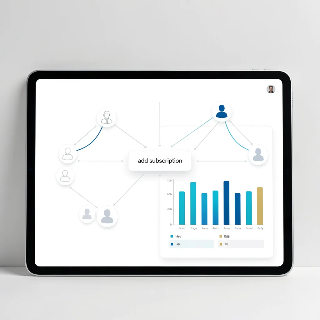 Dashboard minimalista em tablet exibindo gráficos abstratos e botão central para adicionar assinatura