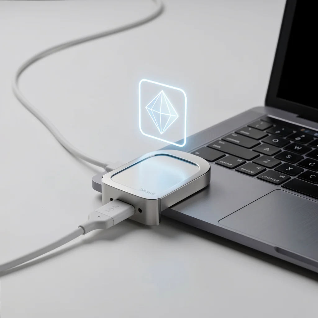 Hardware wallet conectada a um laptop com um ícone de NFT flutuando sobre o dispositivo