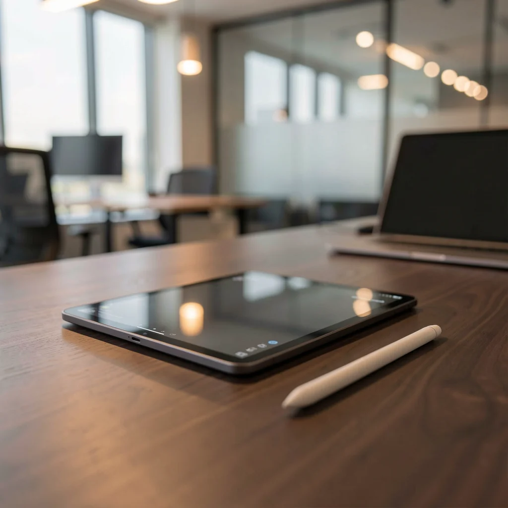 Mesa de escritório minimalista com tablet e caneta stylus em ambiente de trabalho moderno.