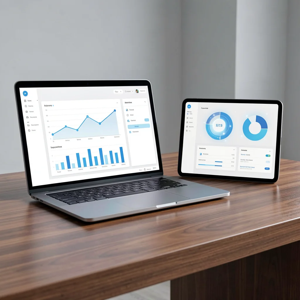 Dashboard analítico minimalista em laptop e tablet com gráficos abstratos em ambiente corporativo
