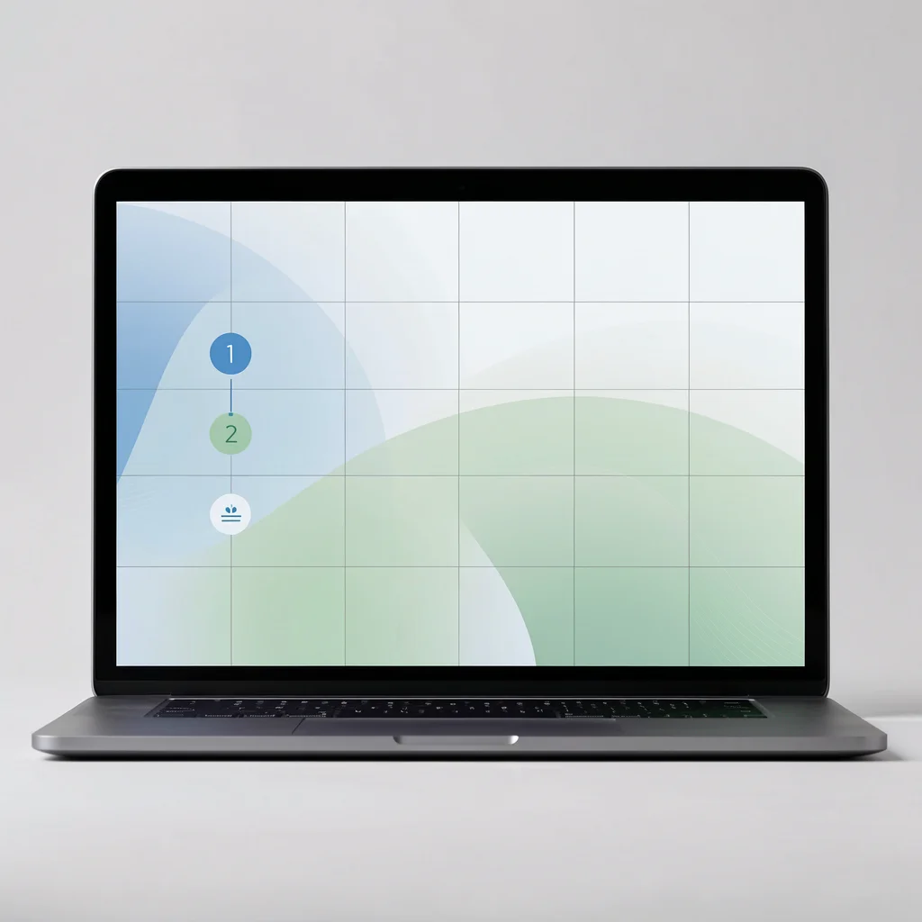 Interface de portal digital governamental minimalista em laptop, com etapas de progresso abstratas em cores suaves