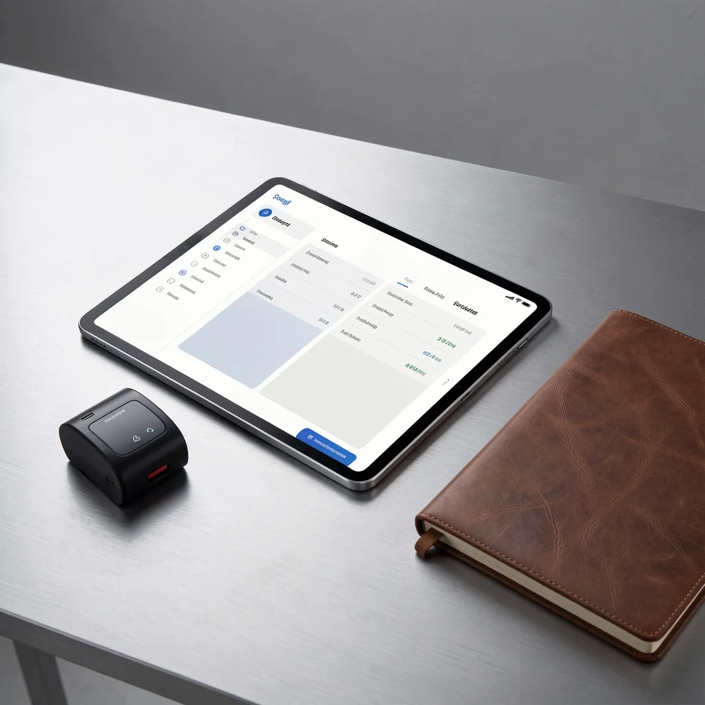 Tablet com dashboard abstrato de notas fiscais ao lado de leitor de cartão e caderno elegante