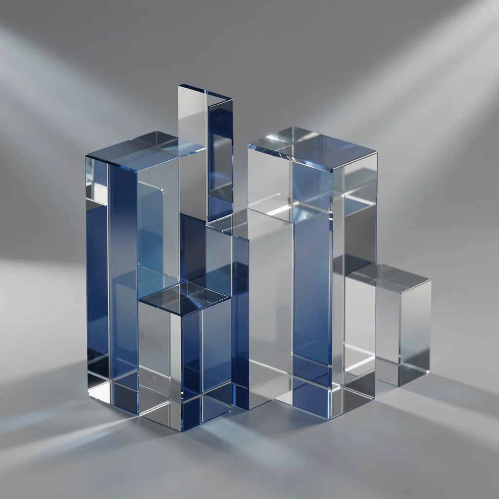 Blocos de vidro translúcidos e prismas geométricos em tons de azul e cinza, representando conformidade legal