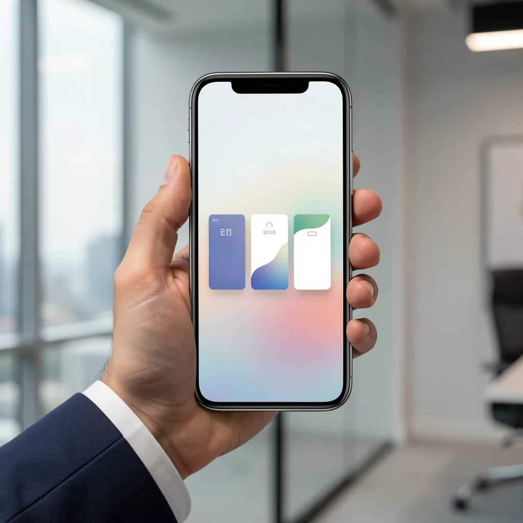 Smartphone exibindo interface de precificação com três planos abstratos, segurado por mão com terno