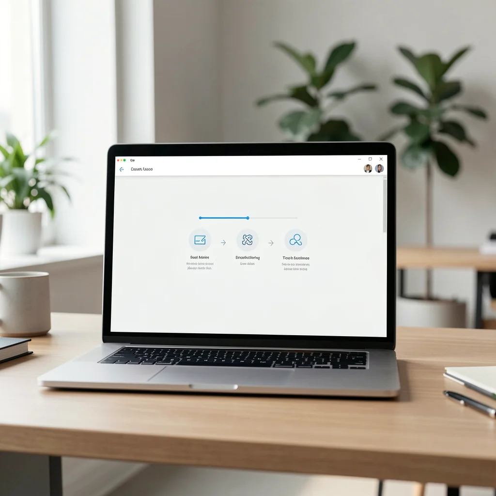 Laptop aberto sobre mesa de madeira exibindo tela de onboarding com ícones e indicadores de progresso