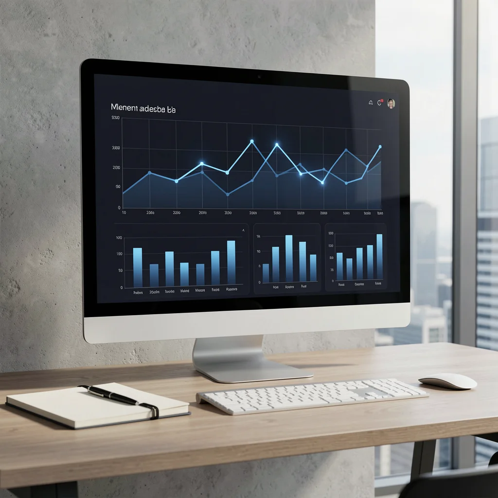 Monitor grande exibindo dashboard com gráficos de linhas e barras em tons de azul, em modo escuro