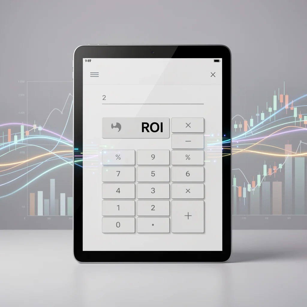 Imagem de uma calculadora minimalista ou tablet com fórmula de ROI, com gráficos abstratos ao fundo, em estilo editorial corporativo.