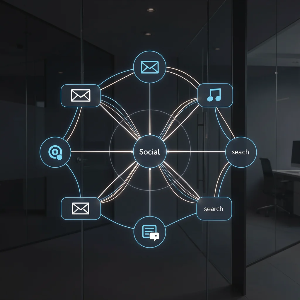 Visualização abstrata de um modelo de atribuição multicanal, com nós e linhas de luz representando a jornada do cliente entre canais.