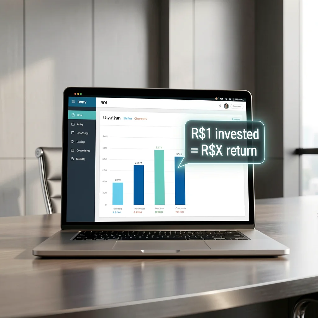 Dashboard executivo em laptop premium com gráfico de barras comparando ROI de canais, em ambiente de sala de reunião elegante.